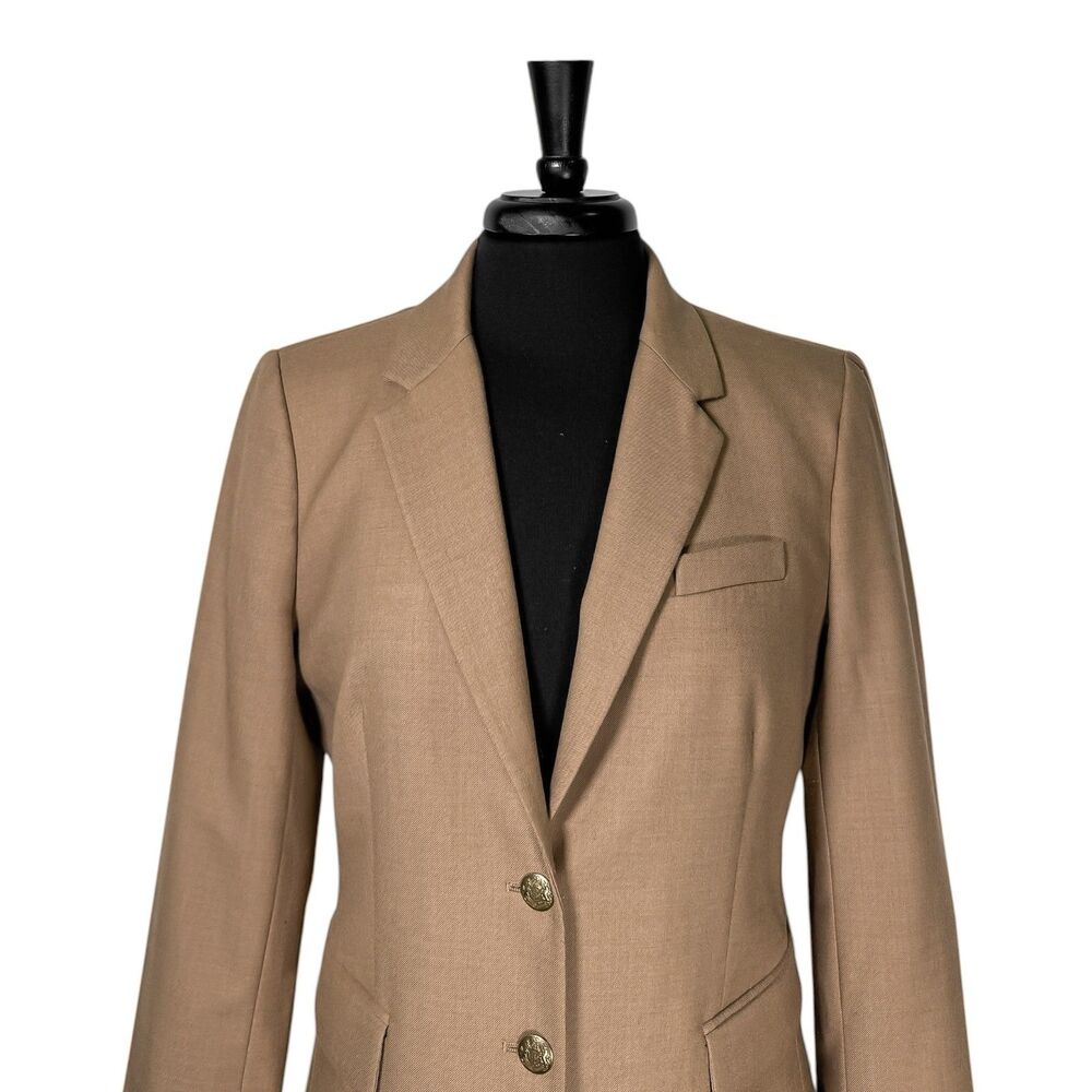 J Crew Womens 10 Tan Wool Blend Blazer Gold Crest Buttons Career Office Jacket - Picture 6 of 10